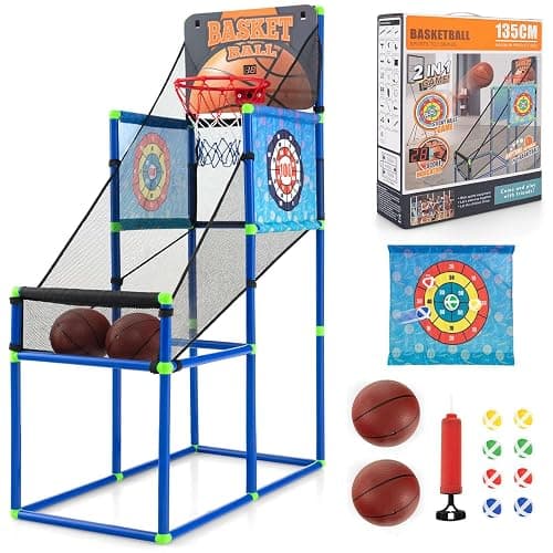 GYMAX Basketball Arcade Game, 2 in 1 Kids Basketball Stand Set with 2 Basketballs, 8 Sticky Balls, Electronic Scoreboard & Sound Effect, Outdoor Indoor Basketball Hoop Game for 3 Years Old+ Boys Girls - Image 1