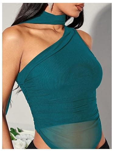 MakeMeChic Women's Halter Scarf Sexy Sheer Mesh Tops Ruched Off Shoulder Asymmetrical Neck Crop Tank Top Going Out Clubwear thumbnail 3