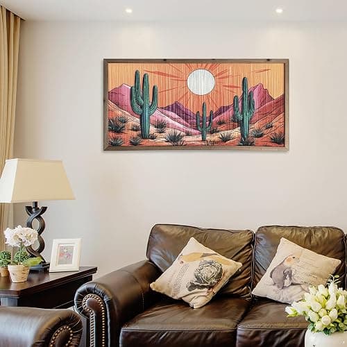 flangairy Cactus Wall Art Crafts String Picture With Wood Framed, 23.6x11.8 Inch Arizona Desert Landscape Wall Decor, Boho Western Aztec Living Room Bathroom Bedroom Southwestern Home Decorations thumbnail 5