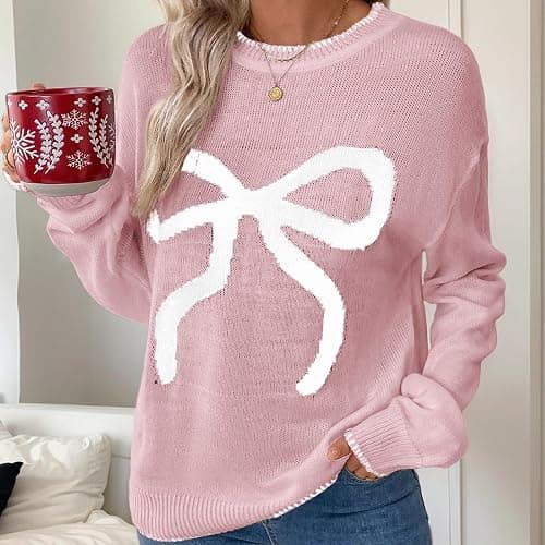 Women Bow Sweater Casual Crew Neck Long Sleeve Pullover Sweaters y2k Lightweight Knitted Jumper Tops Winter Clothing thumbnail 2