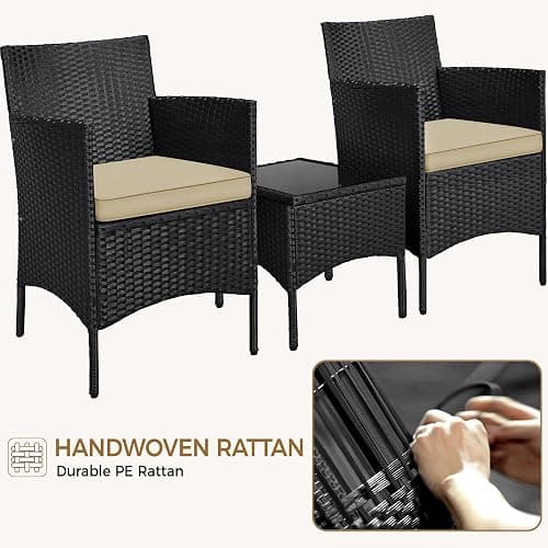 Yaheetech 3 Pieces Patio Conversation Set, Outdoor Rattan Bistro Furniture, 2 Chairs with Cushions & 1 Side Table for Bistro/Porch/Garden/Deck/Courtyard, Black/Khaki thumbnail 4