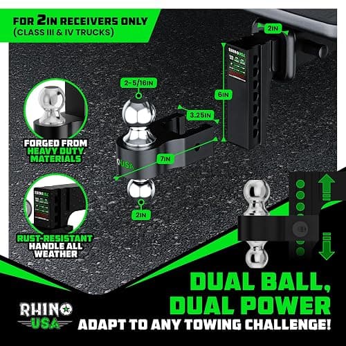 Rhino USA Adjustable Trailer Hitch (Fits 2-Inch Receiver) - Heavy Duty Aluminum Tow Hitches with 6-Inch Drop/Rise for Truck (12,500 LBS GTW) - Weatherproof Double Anti-Theft Locking Hitch Pins (Black) thumbnail 4