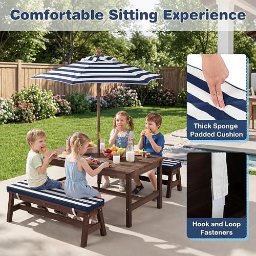 Costzon Kids Picnic Table, Fir Wood Toddler Outdoor Table & Bench Set w/Removable Umbrella & Cushions, Stripe Fabric, Kids Outdoor Furniture for Patio Backyard Garden, Fits 4 Children Age 3+ (Blue) thumbnail 6