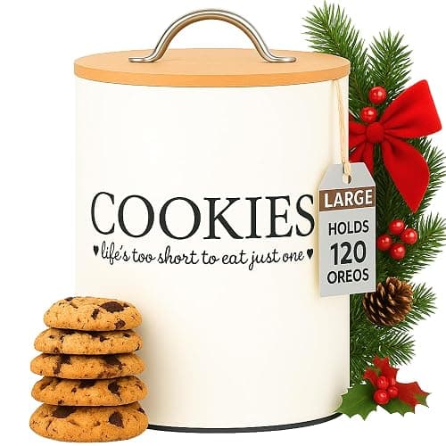 D'Lifeful Cookie Jar with Airtight Bamboo Lid – 1.1 Gallon Cute and Decorative Cookie Storage for Kitchen Countertop – Farmhouse Storage Tin for Freshness – Great Gift Idea (Off White) thumbnail 9