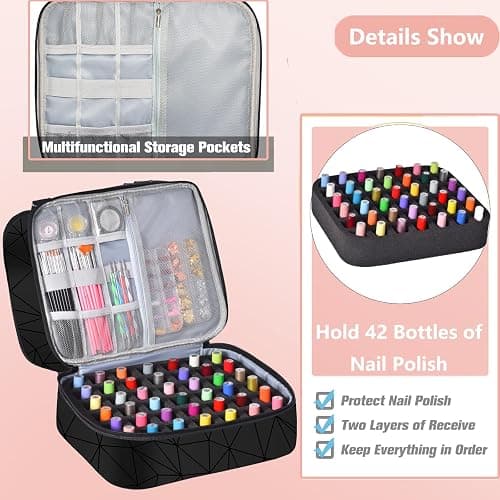 FCQQYWZ Nail Polish Organizer Case - Holds 42+ Bottles (15ml/0.5 fl.oz) and 1 Nail Lamp, Upgraded Double-layer Nail Polish Carrying Case Nail Storage Bag with Handles (Black) thumbnail 3