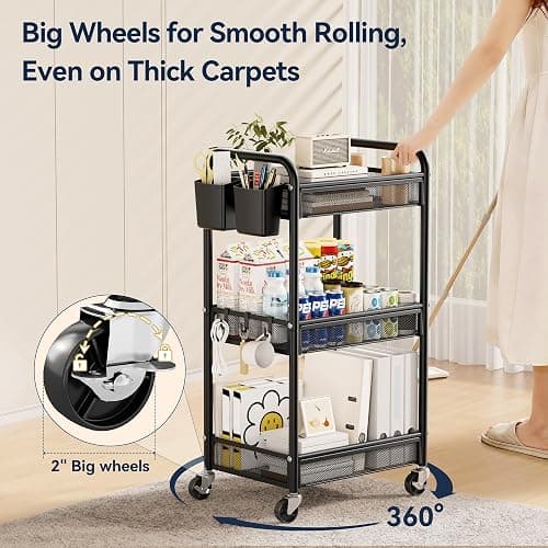  3 Tier Rolling Cart – Metal Utility Storage Carts with Wheels, Craft Cart Organizer with Hanging Cups, Hooks, Mesh Basket for Bedside Kitchen Office Art, Black thumbnail 5