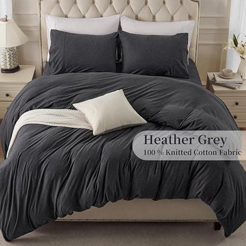 PURE ERA Jersey Knit Duvet Cover Set 100% T-Shirt Cotton Super Soft Comfy 3pc Bedding Set with Zipper Closure (Heather Charcoal Grey, Cal King) thumbnail 3