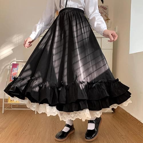 Manniduole Women's Cute High Waist Maxi Skirt - Renaissance, Ruffle, Flowing Long Victorian Skirt thumbnail 7