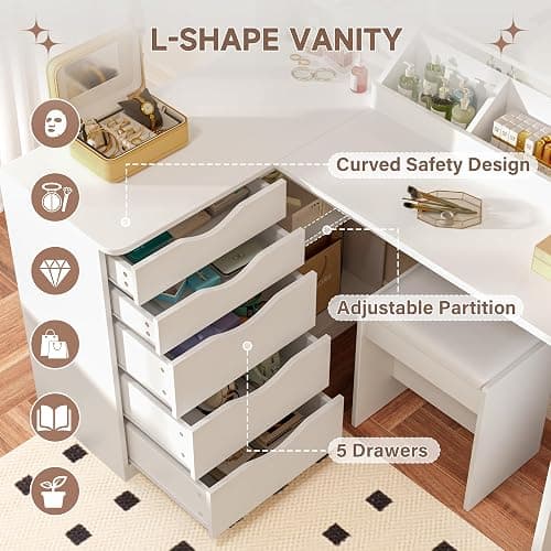 Furmax Vanity Desk with Mirror, L Shape Vanity, LED Lighted Mirror, with Power Outlet and 3 Storage Shelves, Makeup Table with 5 Drawers, 3 Color Modes, for Bedroom(White) thumbnail 6