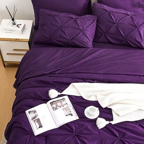 Ubauba 7pc Purple Comforter Set Queen Size with Sheets, Pintuck 7 Piece Bedding Comforters Bed in a Bag for All Season, Pinched Pleat Bed Set with Comforter (Purple,Queen) thumbnail 3