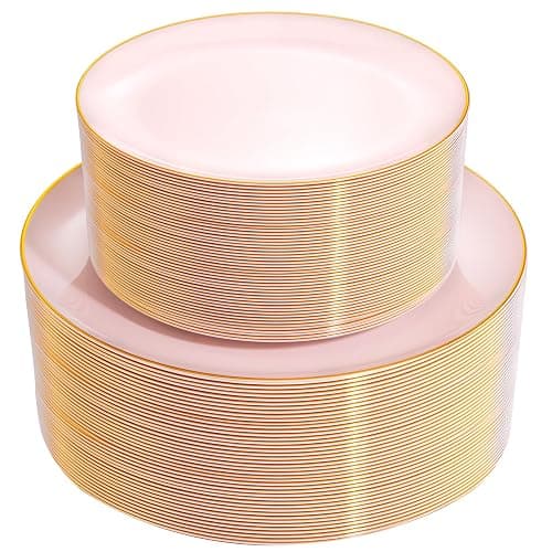 PULOTE 100PCS Pink Plastic Plates - Heavy Duty Pink and Gold Disposable for Party, Wedding, Valentines & Galentines Day, Include 50 Each (Dinner & Dessert) Plates - Image 1