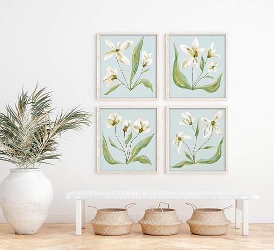 Light Blue White Flower Wall Art Southern Coastal Modern Floral Painting Picture Wall Decor Minimalist Botanical Poster Print Artwork for Living Room Bedroom Bathroom Kitchen Home Decoration Unframed thumbnail 3