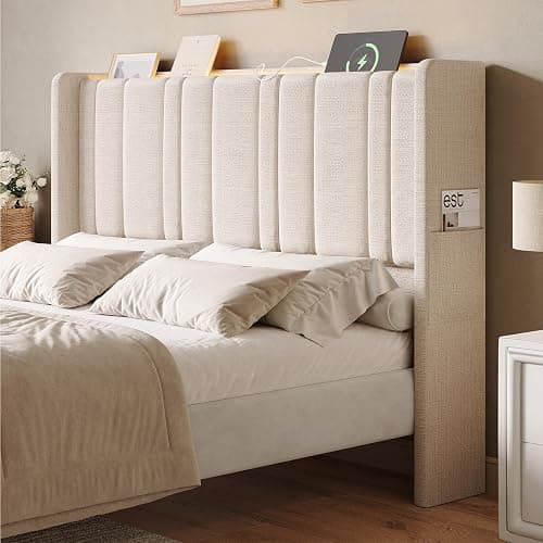 Queen Size Headboard with LED Light & Charging Station, Off White Linen | Wingback Upholstered Headboard Queen, Vertical Channel Stitched Head Board, High-Density Sponge Padding, 2 Storage Pockets - Image 1