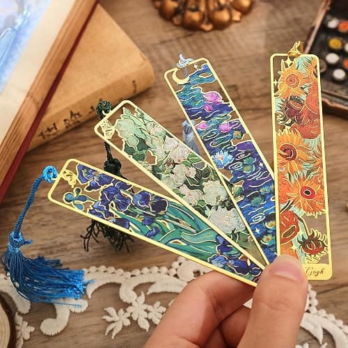 4 Pieces Metal Bookmarks with Tassel, Golden Hollow Bookmark Oil Painting Theme Book Mark Bookmarks for Book Lovers Writers Readers Children Teens Men Women Adults thumbnail 5