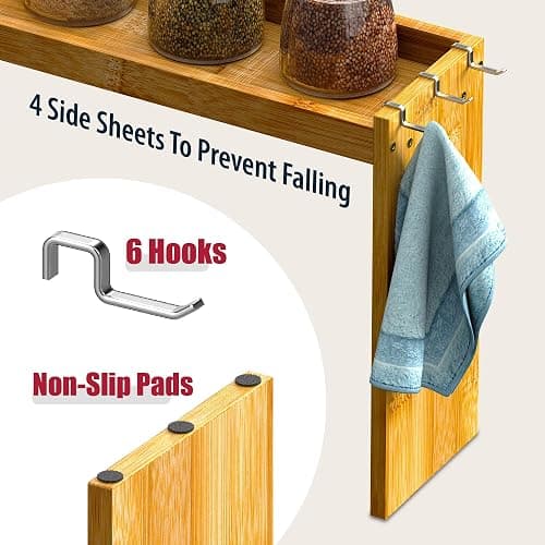 IIIOIIIA Bamboo Over the Stove Spice Shelf for Kitchen, 31.5" Spice Rack Organizer Shelf with 6 hooks, 11.4" Height Extra Storage Countertop, Easy to Assemble thumbnail 7