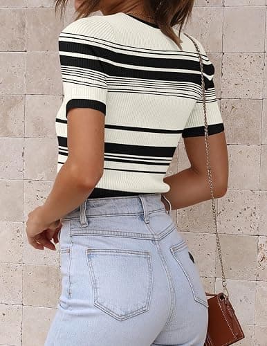 ZESICA Women's Short Sleeve Crewneck Striped T Shirt 2025 Summer Ribbed Knit Slim Fit Casual Basic Tee Tops thumbnail 5