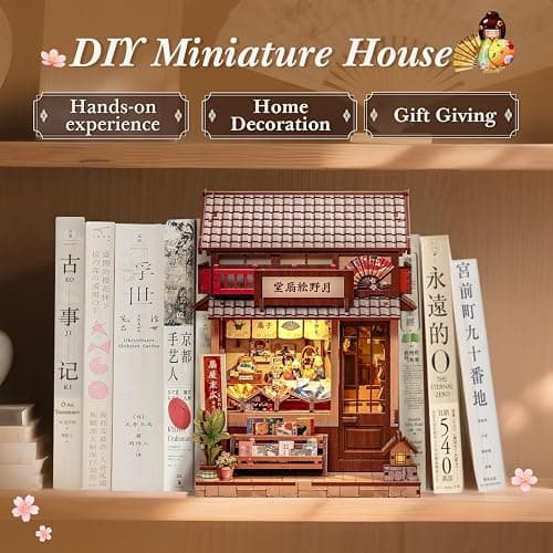 CUTEBEE Book Nook Kit - DIY Miniature House Japanese Fan Shop Dollhouse Kit for Adults and Teens, Booknook Tiny House Bookshelf Decor 3D Wooden Puzzle, Gifts for Family, Friends (Tsukino Eogi-dou) thumbnail 4