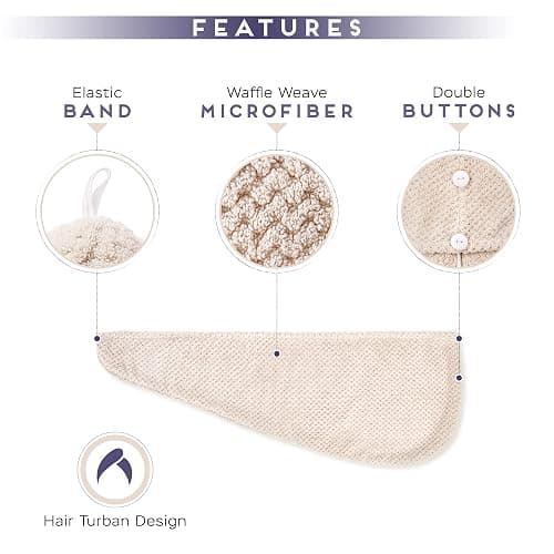 SimpleField 2 Pack Microfiber Hair Towel Wrap for Women, Anti Frizz Quick Drying Hair Turban for All Hair Style, Absorbent and Lightweight (Beige) thumbnail 3