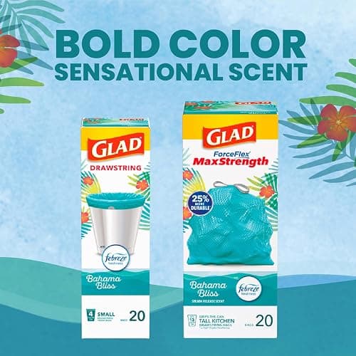 Glad Small Trash Bags, Great for Office, Bathrooms and Bedroom Bins, Bahama Bliss Scented Garbage Bags, Odor Resistant with Drawstring, Febreze Freshness, 4 Gallon Trash Bags, 80 Count thumbnail 7