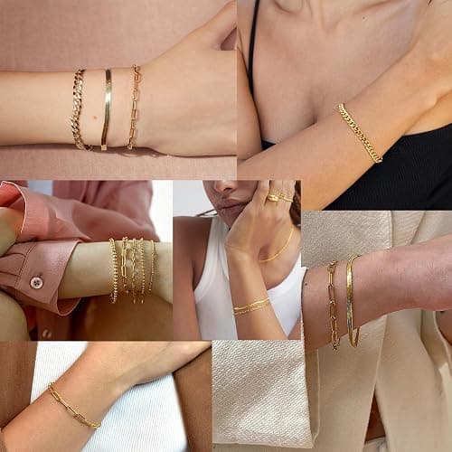 Poxtex Gold Bracelets for Women, 14K Real Gold Dainty 7" +2" Adjustable Multilayer Trendy Bracelets Set for Women Waterproof Inclued Beaded, Cuban, Paperclip, Snake, Rope, Figaro, Mirror, Satellite thumbnail 9