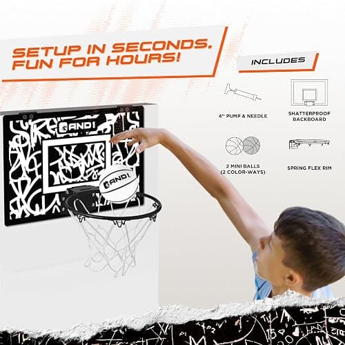 AND1 Over the Door Mini Basketball Hoop: 18x12 Shatterproof Backboard, 2 Mini Basketballs, and Hand Pump Included- Ultimate Indoor Basketball Accessory for Kids and Adults, No Tools Required thumbnail 7