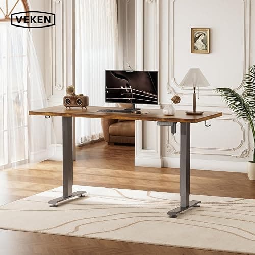 Veken 55 Inch Large Electric Standing Desk, Gaming Table, Brown | Height Adjustable Sit Stand Up Computer Tables for Home Office, Study , Writing, Suit students, employees and group work thumbnail 2
