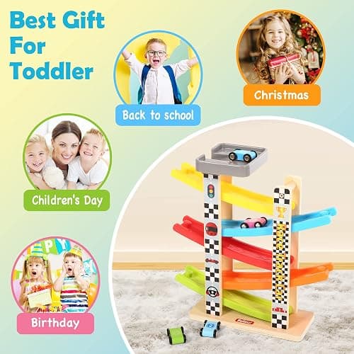 Belleur Montessori Toy for 1-3 Years Old Boys and Girls, Kid Race Track Car for Toddlers with 5 Mini Cars & 5 Ramps, Wooden Montessori Car Ramp Toy Set for Babies' Birthday Gifts, Visit Gifts thumbnail 7
