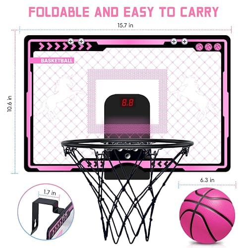 Indoor Basketball Hoop with Electronic Scoreboard and LED Light, Pink Over The Door Basketball Toy, for Kids Aged 4, 5, 6, 7, 8+Years Old thumbnail 7