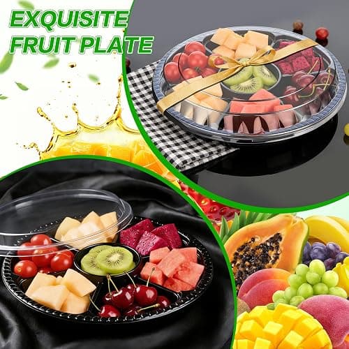 mwellewm 10 Pcs Round Plastic Appetizer Tray with Lid Divided Serving Tray, Disposable Food Storage Containers, Plastic Tray Storage, Kids Snack, Fruit Platter Vegetable Trays for Party and Buffet thumbnail 4