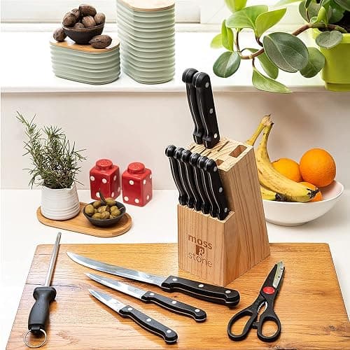 Moss & Stone 14 Pcs Knife Block Set Stainless Steel, Premium Forged Kitchen Knives Set with High-Carbon Blades, Ergonomic Handle, Sharp Blade, Rust Resistant, Modern Style for Home & Chef, Black thumbnail 8