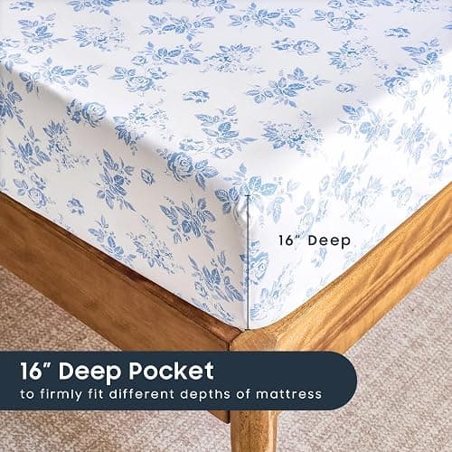 Wake In Cloud - Shabby Chic Bed Sheets, 4-Piece Sheet Set, Floral Botanical Coquette Cottagecore Vintage Flower, Soft Microfiber Deep Pocket Bedding, Light Blue, Queen Size thumbnail 5