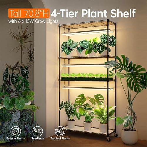 Bstrip Plant Shelf with Grow Light with Timer, Tall Plant Stand with Adjustable Rack and Wheels, 6 Pack T5 3FT Full Spectrum Grow Lights for Indoor Plants, Seed Starting, Seed Tray, 35.4"x13.8"x70.8" thumbnail 3