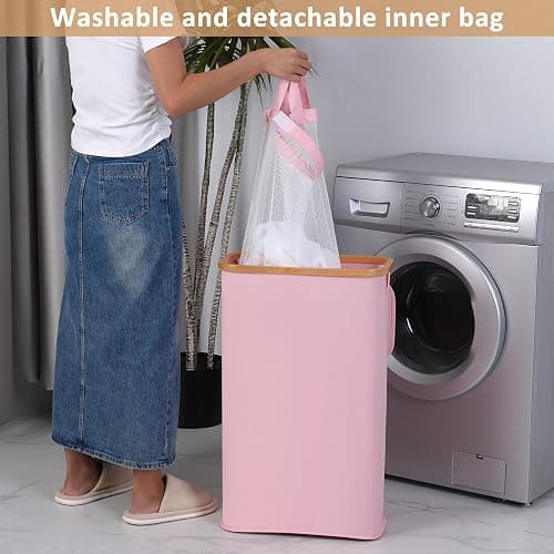 iEGrow 65L Slim Laundry Hamper, Narrow Laundry Basket with Lid,Foldable Clothes Hamper with Bamboo Handles,Hamper Basket with Removable Inner Bag for Laundry Room Bedroom College Dorm,17.17 Gals Pink thumbnail 2