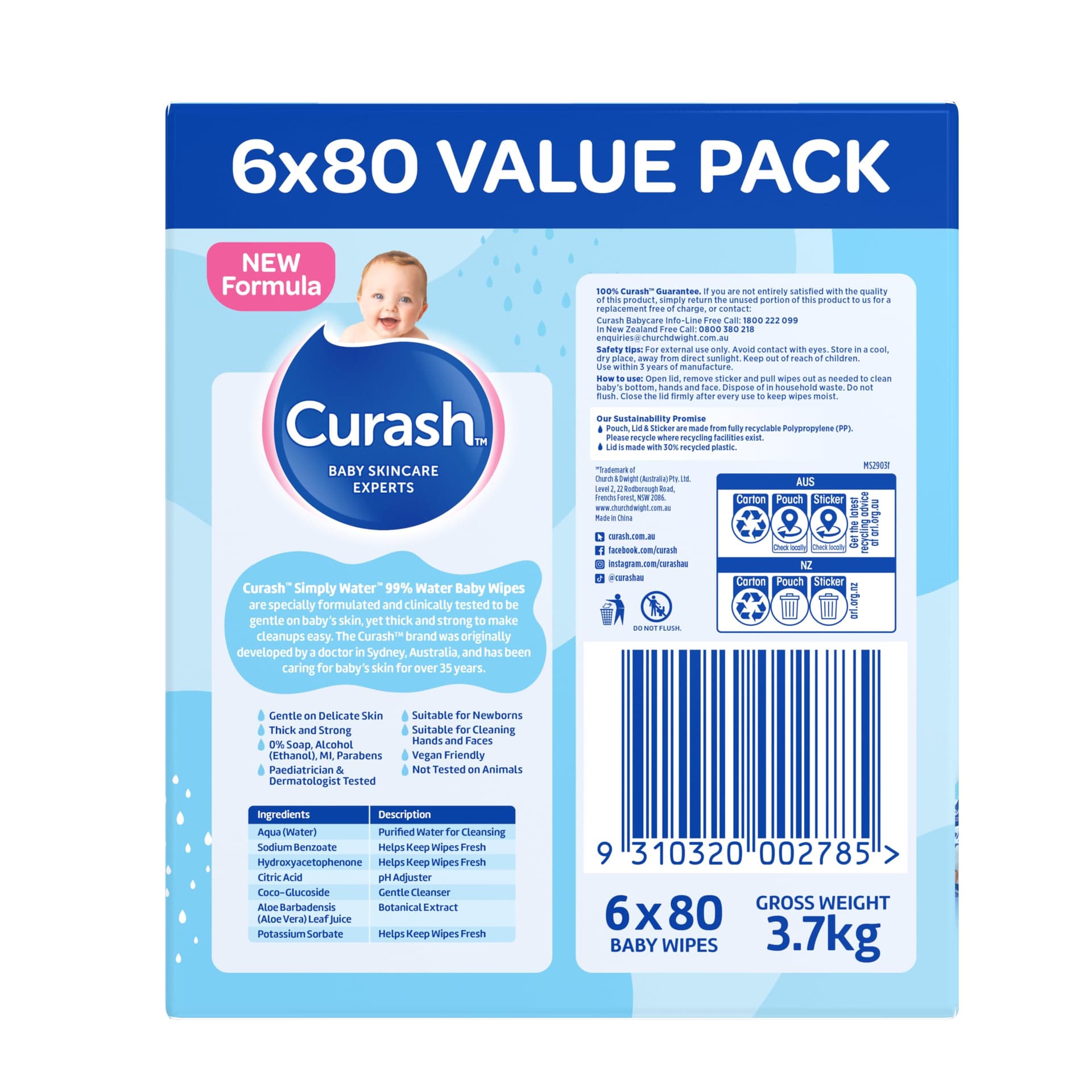 New Formula Curash Simply Water Baby Wipes, 6x80 Pack, Suitable for Newborns, 99% Purified Water, No Soap, Alcohol or Parabens, Thick & Soft Texture, Everyday Cleansing and Nappy Changes, 480 Wipes thumbnail 3