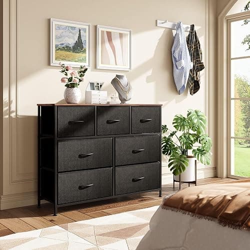 WLIVE 7 Drawer Dresser TV Stand, Entertainment Center, Media Console Table with Metal Frame and Wood Top for TV up to 45 inch, Chest of Drawers for Bedroom, Living Room, Black and Rustic Brown thumbnail 9