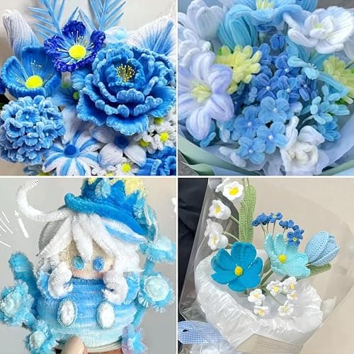 500 Pcs Pipe Cleaners Craft，5 Colors Pipe Cleaners Bulk,Chenille Stems Flowers Craft kit for DIY Handmade Bouquet Wrapping Party Decorations whit Ribbons，Stems,Tape，Stamens, Glue Sticks (Blue) thumbnail 7