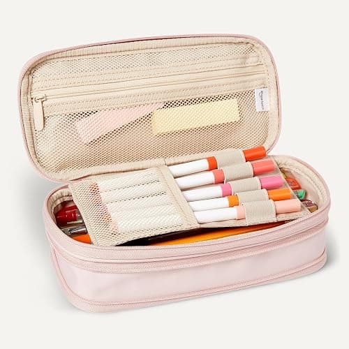 Amazon Basics Large Capacity Pencil Case with Durable Zipper, Multi-Compartment, Storage Space, Easy to Carry, Rose Mild thumbnail 5