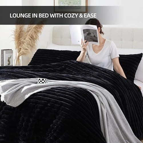 Smoofy Fluffy Twin Comforter Sets 2 Pieces - Black Fleece Fluffy Comforter Set, Luxury Fuzzy Twin Bedding Set, Soft Warm Comforter All Season, Heavy Faux Fur Comforter with Pillow Cases thumbnail 6