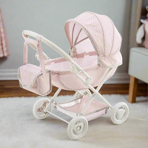 Olivia's Little World Polka Dot Princess Baby Doll Pram Stroller with Retractable Canopy & Storage, Pink thumbnail 2