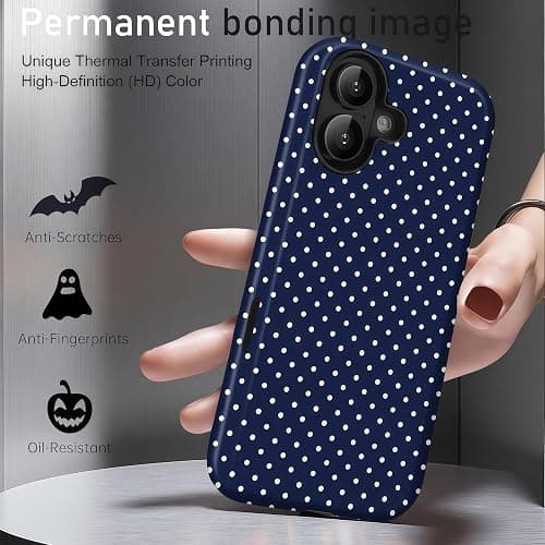 Aleviker Case for iPhone 17, Glossy Hybrid 2-Layer Hard Shell, Aesthetic Scratch Resistant Cover, Navy Blue Polka Dot thumbnail 5