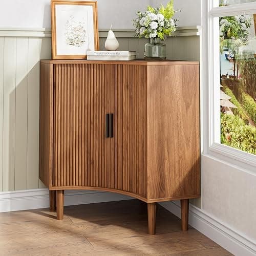Fluted Corner Cabinet, Small Corner Floor Cabinet with Sliding Doors and Adjustable Shelves, Modern Wooden Freestanding Narrow Storage Organizer for Small Space,Living Room, Dining Room, Bathroom thumbnail 7