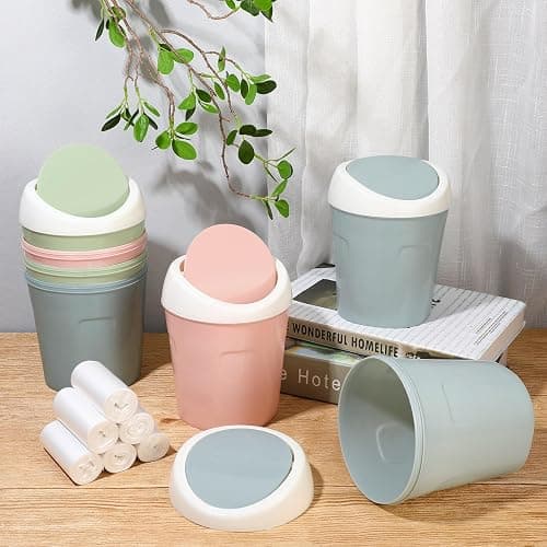 Zhehao 8 Pcs Plastic Mini Wastebasket Trash Can with Swing Lid 360 Trash Bags Desktop Small Garbage Bin Countertop Vanity Tabletop Waste Paper Basket for Home Office (Blue,Green,Pink) thumbnail 5
