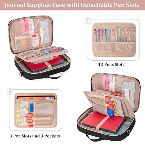 Teamoy Journal Supplies Storage Case, Journal Supplies Holder with Detachable Pen Slots, Travel Organizer Holder for B5 Notebooks, Planner, Pens, Journal Supplies and Accessories, Black Quilted thumbnail 5