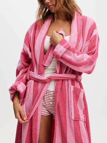 Women's Fleece Bath Robe Christmas Striped Full Length Plush Soft Bathrobe Warm Lounge Sleepwear Robe with Pockets thumbnail 4
