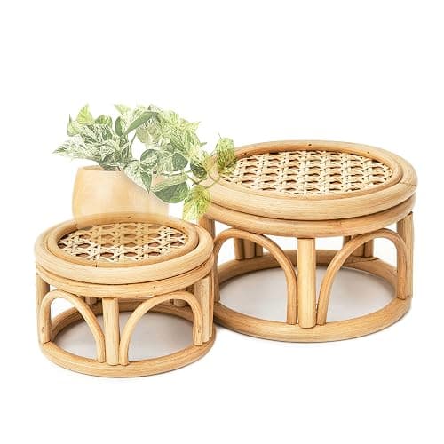 Set of 2 Small Boho Rattan Wicker Round Riser Plant Stand Indoor,Rustic Farmhouse Natural Wooden Circle Pedestal for Decor & Display, Tabletop, Office Decor - Round - 6" & 8" - Image 1