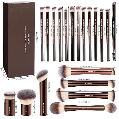 MAANGE 20 Pcs Makeup Brushes with Gift Box, Double-End Multi-functional Makeup Brushes for Blending Liquid Powder Concealer Cream Blush Buffe,CoffeeBrown thumbnail 8