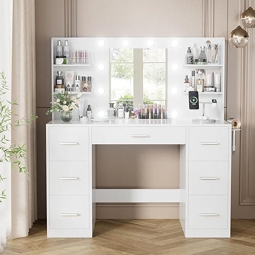 YESHOMY Vanity Desk with Mirror, Power Outlet and 10 Lights, Makeup Table with 7 Drawers, 3 Color Modes Available for Bedroom, Pure White thumbnail 4