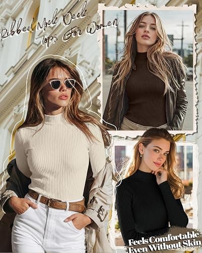 Riyiper 3 Pack Women's Ribbed Shirts, Mock Turtleneck Long Sleeve Tops Slim Fitted Undershirts Casual Basic Layering Tees thumbnail 3