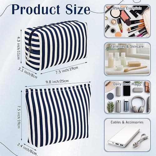 Sadnyy 2 Pcs Navy Blue Striped Makeup Bags Set Canvas Zipper Cosmetic Pouch for Purse Travel Toiletry Organizer Bag Gifts for Mom Women Beach Bridemaids Party Favors thumbnail 3