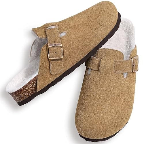 KIDMI Women's Fur Lined Suede Clogs Fuzzy Cork Footbed Mules Slip On Winter Potato Shoes thumbnail 6